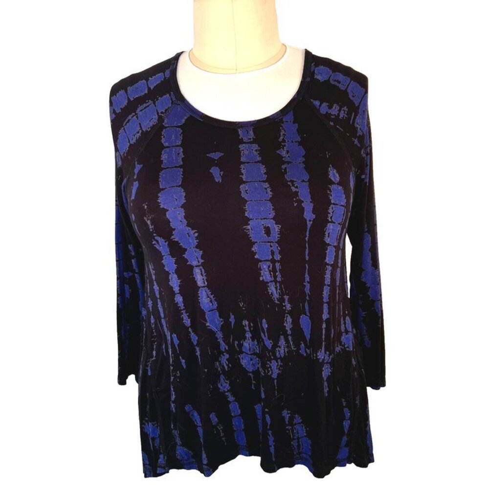180 Degrees Women's XL Tunic Top Black Blue Tie Dye Scoop Neck Long Sleeve Flare